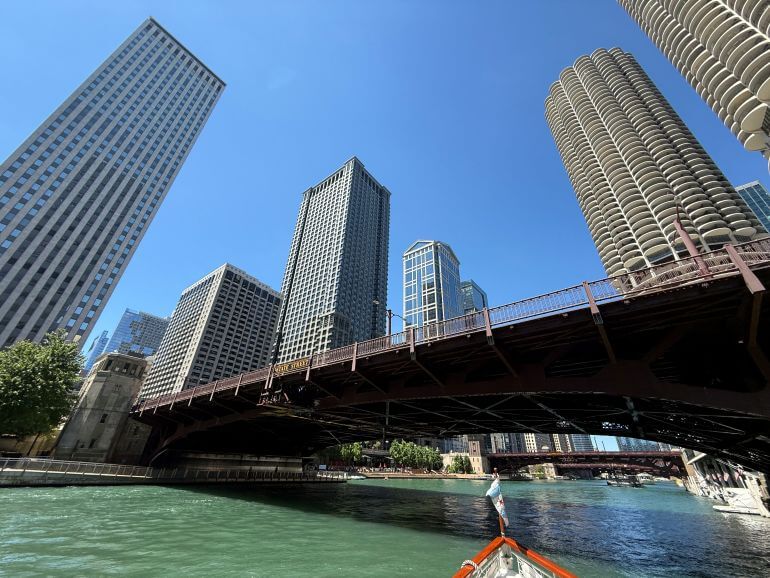 On the Chicago River taking the Architechtural Boat Tour, Chicago, Illinois -- Marina City to the right