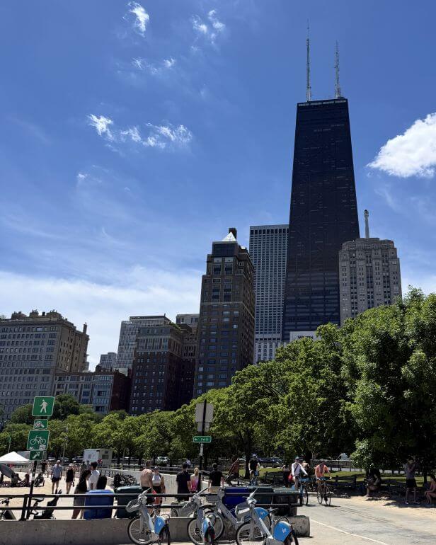 Chicago, Illinois -- photo taken at Oak Street Beach along Michigan Avenue looking south toward 875 N. Michigan Avenue (formerly John Hancock Building) and The Drake Hotel