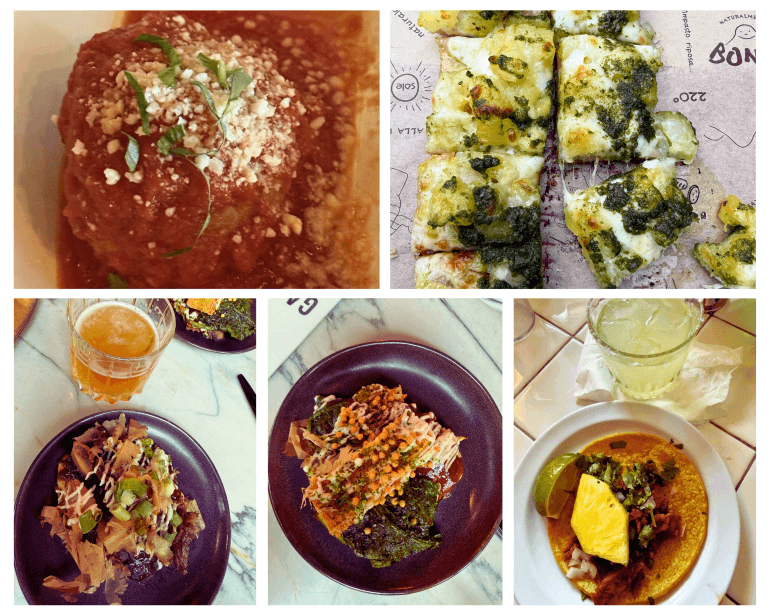 A food sampler of restaurants in the West Loop neighborhood of Chicago, Illinois - Italian meatball, potato and pesto pizza, veggie taco, 2 Okonomiyaki dishes